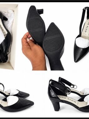 Anne Klein Black Textured Pointed-Toe Slingback Heels